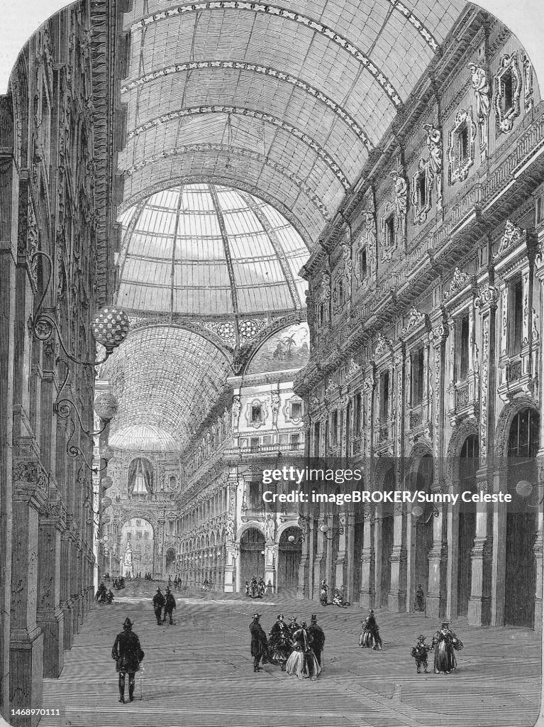 Galleria Vittorio Emanuele II. Victor Emanuele II. -Gallery, in Milan in 1869, Italy, Historic, digitally restored reproduction of a 19th century original