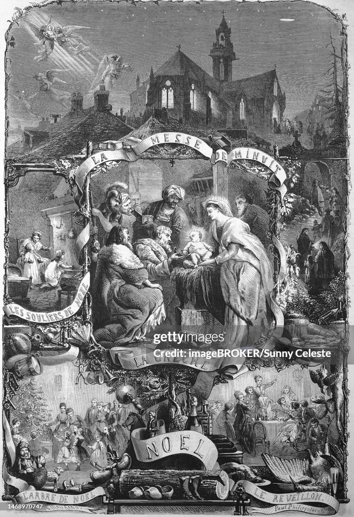 Christmas, Christmas Eve, Birth of Jesus Christ depicted with the manger, 1869, France, Historic, digitally restored reproduction of a 19th century original