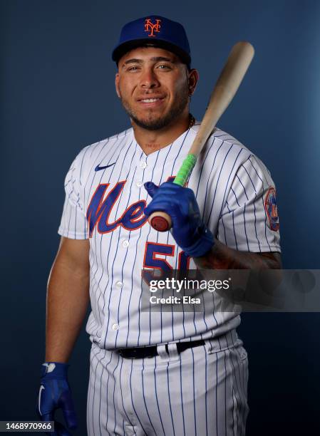 Francisco Alvarez of the New York Mets poses for a portrait at Clover Park on February 23, 2023 in Port St. Lucie, Florida.