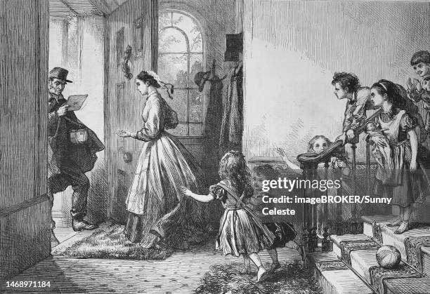 the arrival of the postman at the chateau, the family impatiently awaits a letter, 1869, france, historic, digitally restored reproduction of a 19th century original - castelo stock illustrations