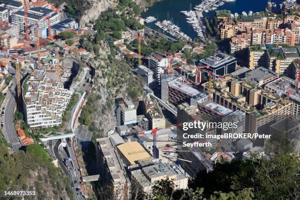 boulevard du jardin exotique access to the principality of monaco, princesse grace hospital in the middle, fontvieille on the right, seen from the tete du chien lookout hill in la turbie, alpes-maritimes department, provence alpes cote d'azur region - chien jardin stock-fotos und bilder