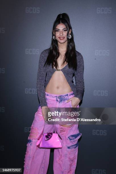 Elisa Maino is seen on the front row of the GCDS fashion show during the Milan Fashion Week Womenswear Fall/Winter 2023/2024 on February 23, 2023 in...