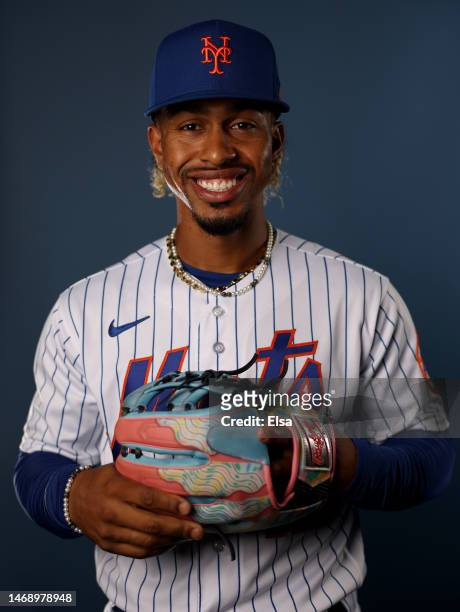 Francisco Lindor of the New York Mets poses for a portrait at Clover Park on February 23, 2023 in Port St. Lucie, Florida.