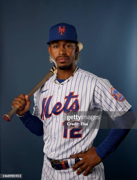 Francisco Lindor of the New York Mets poses for a portrait at Clover Park on February 23, 2023 in Port St. Lucie, Florida.