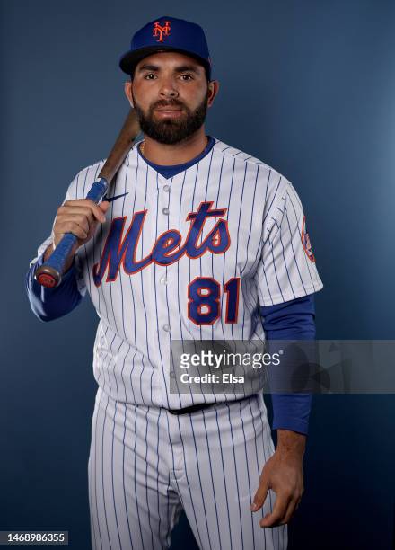 Jose Peraza of the New York Mets poses for a portrait at Clover Park on February 23, 2023 in Port St. Lucie, Florida.