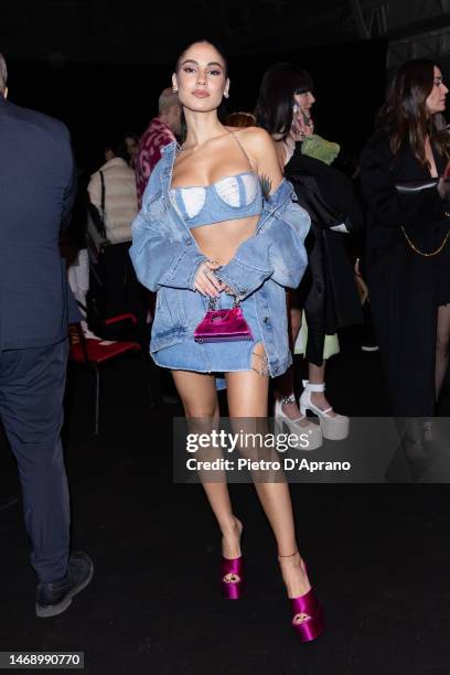 Giulia De Lellis is seen on the front row of the GCDS fashion show during the Milan Fashion Week Womenswear Fall/Winter 2023/2024 on February 23,...