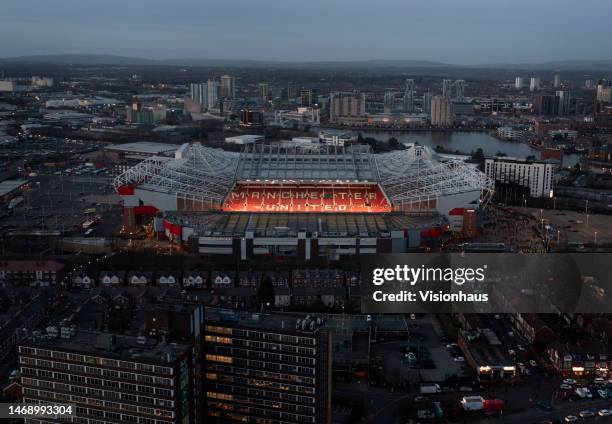 General view of Old Trafford Football Stadium, home of Manchester United FC, with Salford Quays in the background ahead of the UEFA Europa League...