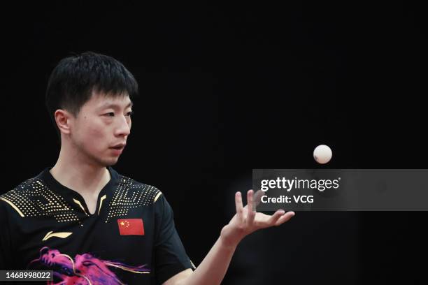 Ma Long of Team China reacts in the Men's singles final match against Fan Zhendong of Team China during the Chinese Trials for 2023 Durban World...