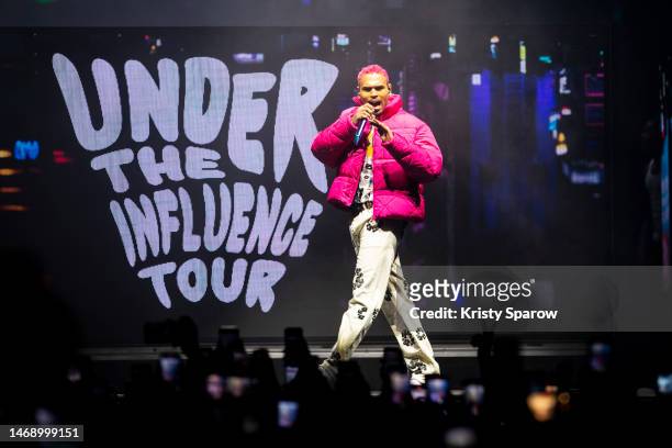 Chris Brown performs on stage during the "Under the Influence" Tour at AccorHotels Arena on February 23, 2023 in Paris, France.