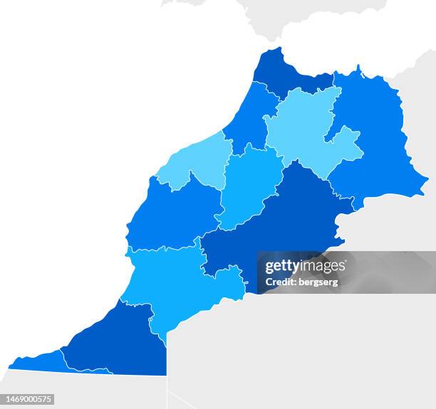 hochdetaillierte marokko blaue karte mit regionen und landesgrenzen - marrakech stock-grafiken, -clipart, -cartoons und -symbole