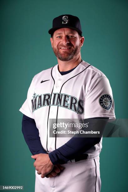 Bullpen coach and quality control coach Stephen Vogt of the Seattle Mariners poses for a portrait during photo day at the Peoria Sports Complex on...