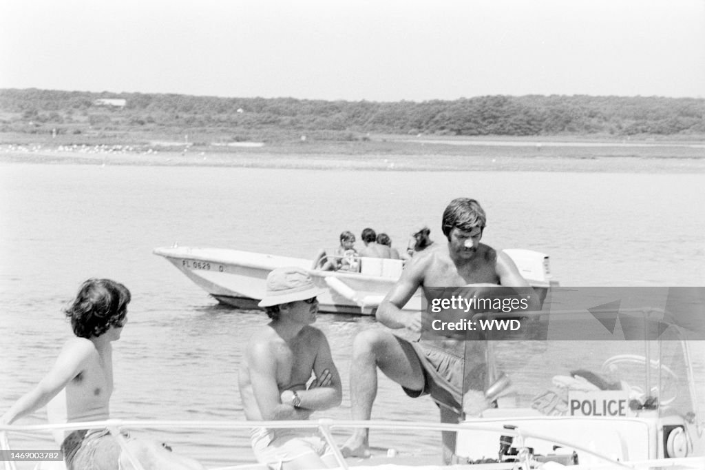 Jaws Setting Cast and crew members await filming during production of 'Jaws' on ...