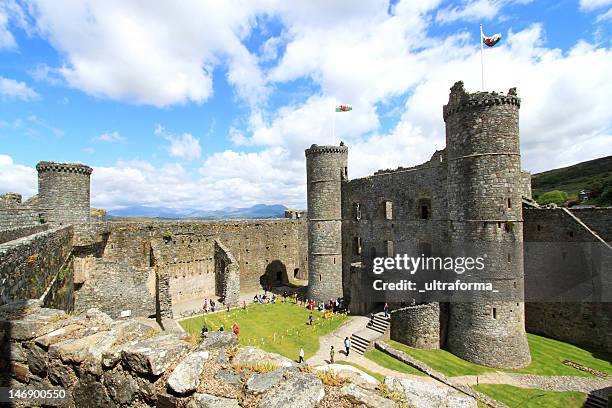 harlech castillo con mount snowdon en el fondo - snowdonia fotografías e imágenes de stock