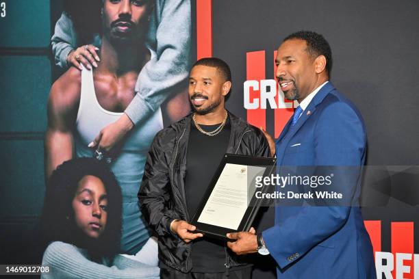 Michael B. Jordan and Andre Dickens attend the "Creed III" HBCU Atlanta Fan Screening at Regal Atlantic Station on February 23, 2023 in Atlanta,...