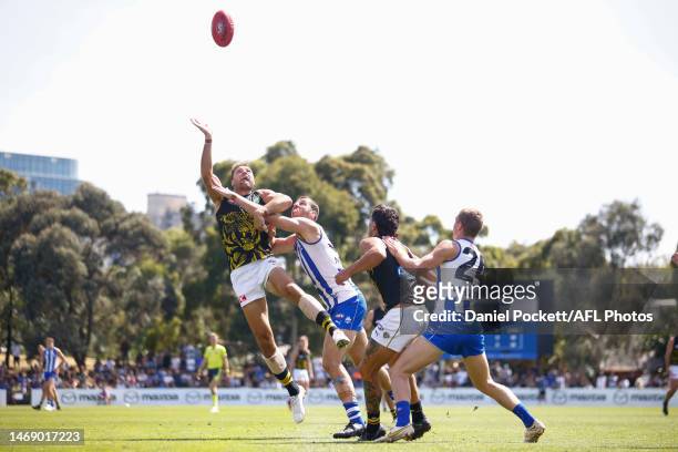 Toby Nankervis of the Tigers and Tristan Xerri of the Kangaroos contest the ruck during the AFL Match Simulation between North Melbourne Kangaroos...