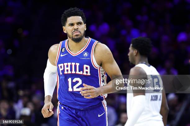 Tobias Harris of the Philadelphia 76ers reacts during the second quarter against the Memphis Grizzlies at Wells Fargo Center on February 23, 2023 in...