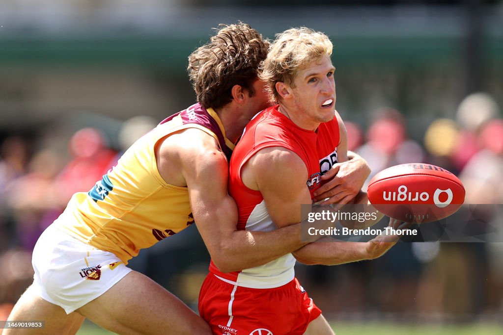 Dylan Stephens Dylan Stephens of the Swans competes with Deven Robertson of the ...