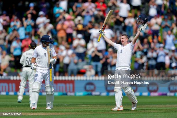 Harry Brook of England celebrates his century during day one of the Second Test Match between New Zealand and England at Basin Reserve on February...