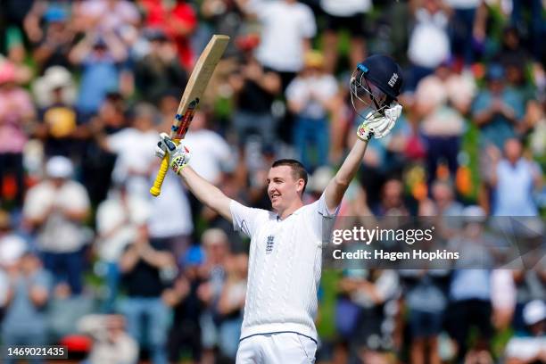 Harry Brook of England celebrates his century during day one of the Second Test Match between New Zealand and England at Basin Reserve on February...