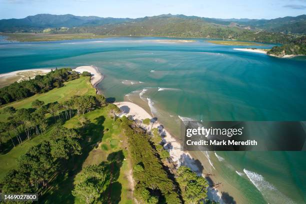 coromandel peninsula, an idyllic location to play golf - golf course high up stock pictures, royalty-free photos & images