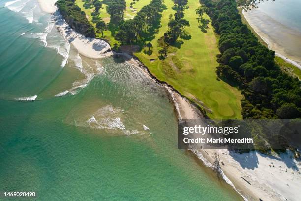 coromandel peninsula, an idyllic location to play golf - new zealand beach house stock pictures, royalty-free photos & images