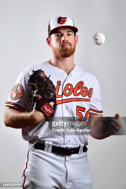 Bruce Zimmermann of the Baltimore Orioles poses for a portrait during the 2023 Baltimore Orioles Photo Day at Ed Smith Stadium on February 23, 2023...