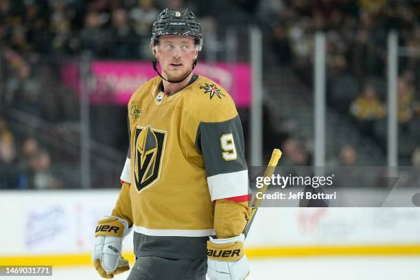 Jack Eichel of the Vegas Golden Knights skates during the first period against the Calgary Flames at T-Mobile Arena on February 23, 2023 in Las...