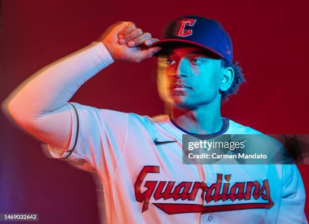 Bo Naylor of the Cleveland Guardians poses for a photo during media day at Goodyear Ballpark on February 23, 2023 in Goodyear, Arizona.