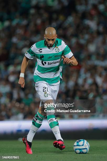Matheus Doria of Santos controls the ball during the 7th round match between Santos Laguna and Toluca as part of the Torneo Clausura 2023 Liga MX at...