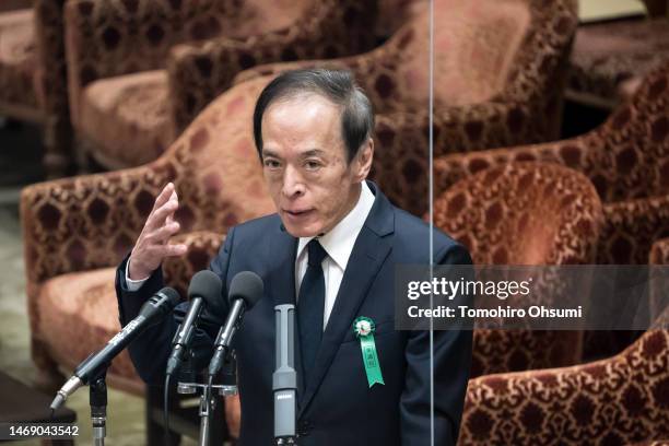 Bank of Japan Governor nominee Kazuo Ueda speaks during a hearing at the lower house of parliament on February 24, 2023 in Tokyo, Japan. Ueda was...