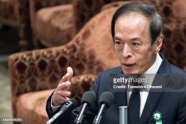 Bank of Japan Governor nominee Kazuo Ueda speaks during a hearing at the lower house of parliament on February 24, 2023 in Tokyo, Japan. Ueda was...