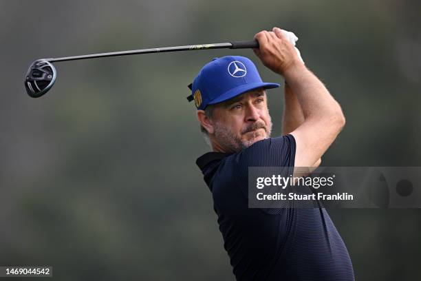 Mikko Korhonen of Finland tees off on the 14th hole during Day Two of the Hero Indian Open at Dlf Golf and Country Club on February 24, 2023 in India.