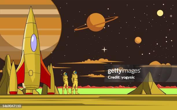 vector retro astronaut couple exploring a new planet cartoon stock illustration - retro futurism space stock illustrations