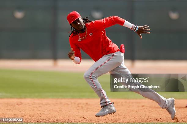 Elly De La Cruz of the Cincinnati Reds sprints to second base during a spring training workout at Goodyear Ballpark on February 23, 2023 in Goodyear,...