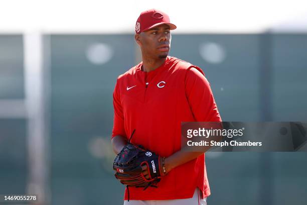 Hunter Greene of the Cincinnati Reds looks on during a spring training workout at Goodyear Ballpark on February 23, 2023 in Goodyear, Arizona.