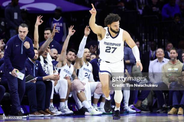 David Roddy of the Memphis Grizzlies reacts after scoring during the fourth quarter against the Philadelphia 76ers at Wells Fargo Center on February...