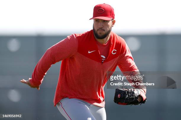 Lyon Richardson of the Cincinnati Reds during a spring training workout at Goodyear Ballpark on February 23, 2023 in Goodyear, Arizona.