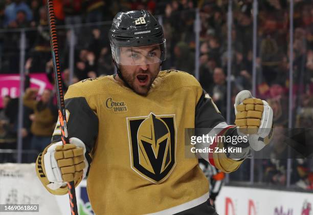 William Carrier of the Vegas Golden Knights celebrates after scoring a goal during the third period against the Calgary Flames at T-Mobile Arena on...