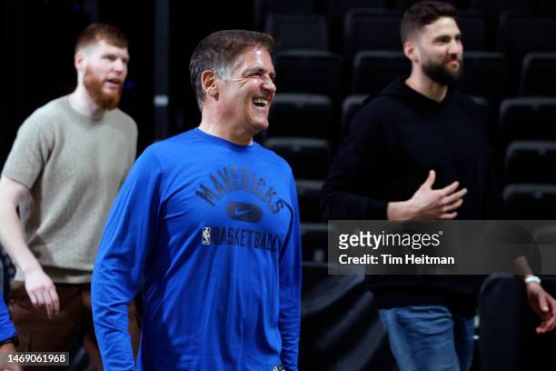 Owner Mark Cuban of the Dallas Mavericks leaves the court after the game against the San Antonio Spurs at American Airlines Center on February 23,...