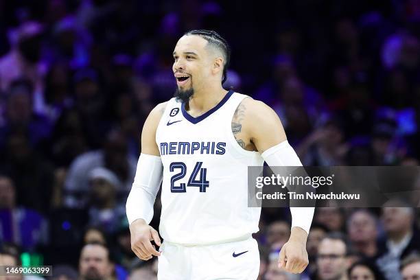 Dillon Brooks of the Memphis Grizzlies reacts during the second quarter against the Philadelphia 76ers at Wells Fargo Center on February 23, 2023 in...