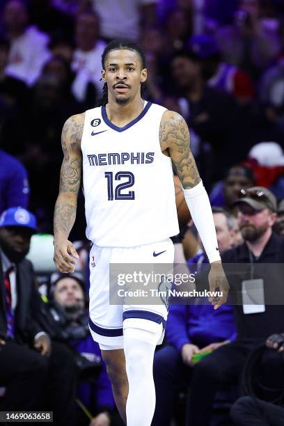 Ja Morant of the Memphis Grizzlies looks on during the third quarter against the Philadelphia 76ers at Wells Fargo Center on February 23, 2023 in...