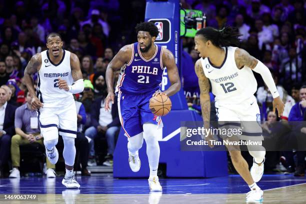 Joel Embiid of the Philadelphia 76ers dribbles during the third quarter against the Memphis Grizzlies at Wells Fargo Center on February 23, 2023 in...