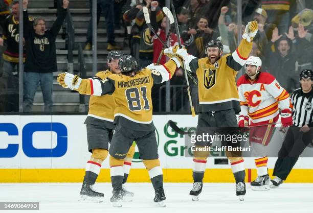 The Vegas Golden Knights celebrate after the overtime victory over the Calgary Flames at T-Mobile Arena on February 23, 2023 in Las Vegas, Nevada.