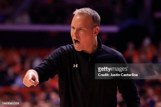 Head coach Chris Collins of the Northwestern Wildcats reacts after a play during the second half in the game against the Illinois Fighting Illini at...