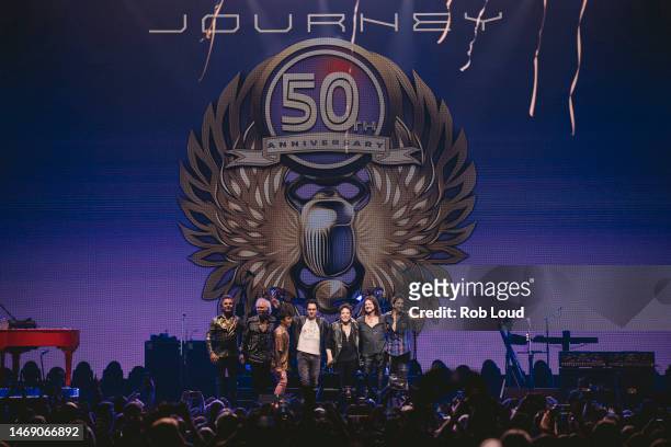 Journey is seen on stage during their 50th Anniversary Tour at Moody Center on February 22, 2023 in Austin, Texas.