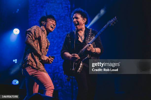 Arnel Pineda and Neal Schon of Journey perform during Journey's 50th Anniversary Tour at Moody Center on February 22, 2023 in Austin, Texas.