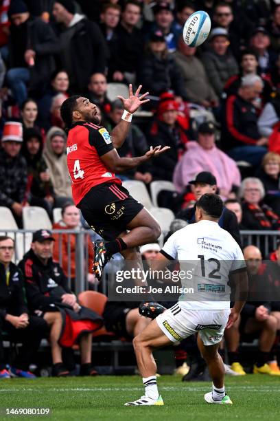 Sevu Reece of the Crusaders catches the ball during the round one Super Rugby Pacific match between Crusaders and Chiefs at Orangetheory Stadium, on...