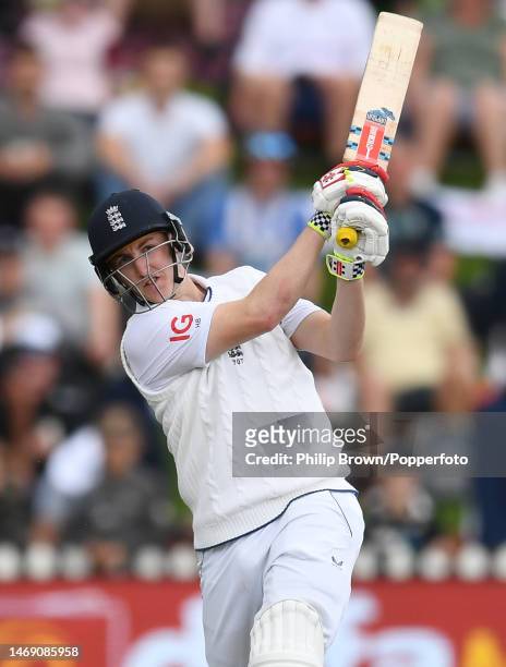 Harry Brook of England hits a six off the bowling of Neil Wagner during day one of the Second Test Match between New Zealand and England at Basin...