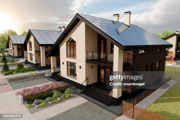 modern villas with solar panels on the roof - generator stock pictures, royalty-free photos & images