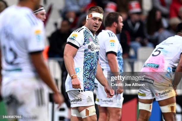 Sam Cane of the Chiefs looks on during the round one Super Rugby Pacific match between Crusaders and Chiefs at Orangetheory Stadium, on February 24...